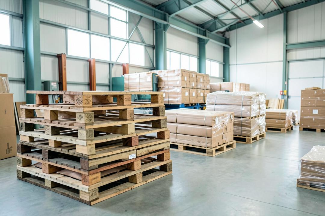 Stacks of wooden pallets and cardboard bales in a clean warehouse
